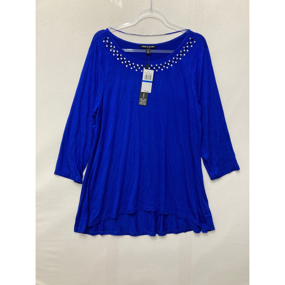 New Cable & Gauge Top XL Royal Blue Rhinestone Cutout High Stretch Knit Comfy